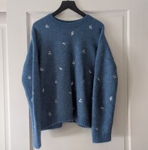 Sezane Blue Sweater with White Floral Embroidery Size S